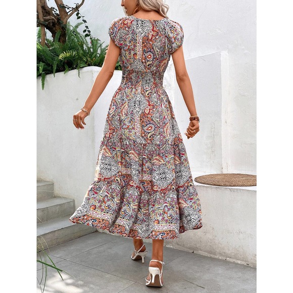 boho gypsy Paisley Print Shirred Detail Ruffle Hem Dress - Picture 5 of 12